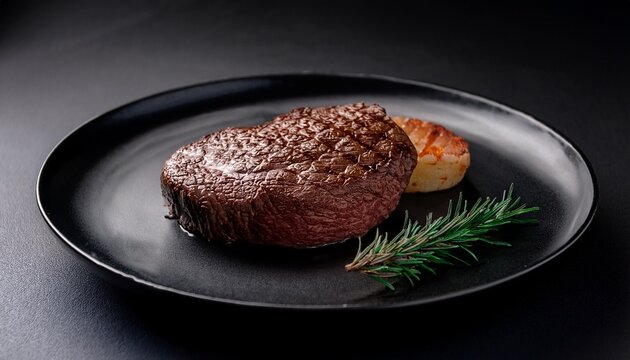 steak daging sapi matang di atas piring hitam latar belakang gelap tampak atas ruang fotokopi