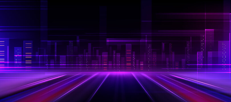 Futuristic smart city skyline with neon purple buildings. Vector realistic illustration of abstract AI tech background with modern urban architecture glowing on black, digital networks, cyber world