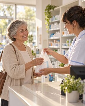 Pharmacist Assisting Customer: A friendly pharmacist, wearing a white coat, hands a shopping bag to a smiling senior woman customer at the counter in a well-stocked pharmacy.