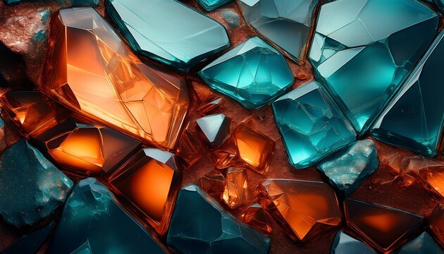 copper slag glass texture with glowing orange translucent crystals and dark teal rough stones in a close up abstract surface for industrial design backgrounds