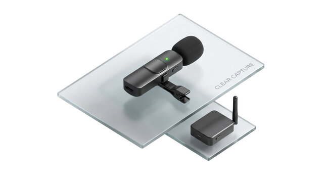 Wireless lavalier microphone with a receiver unit displayed on a transparent glass surface for audio recording.