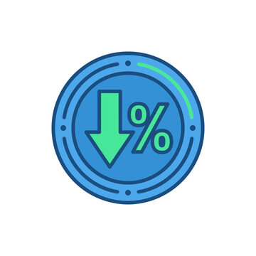 Blue coin icon with green downward arrow and percentage sign, symbolizing decrease, loss, or discount