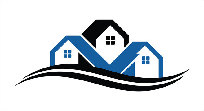 Modern house roof logo with three residential homes and flowing landscape lines, real estate property development construction architecture roofing services