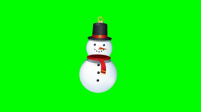 Ultra High-Definition 3D Christmas snowman ornament with gentle pendulum motion on a pure green screen background, perfect for holiday composite overlays.