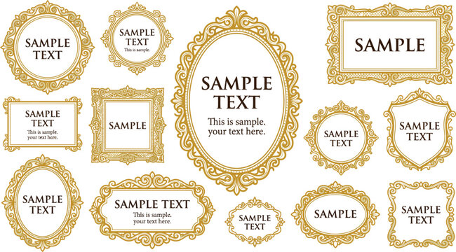 Collection of ornate gold frames in various shapes on a white background for decorative design