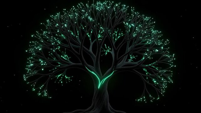 Glowing neon green data tree animation featuring pulsing fiber optic branches against dark digital space video