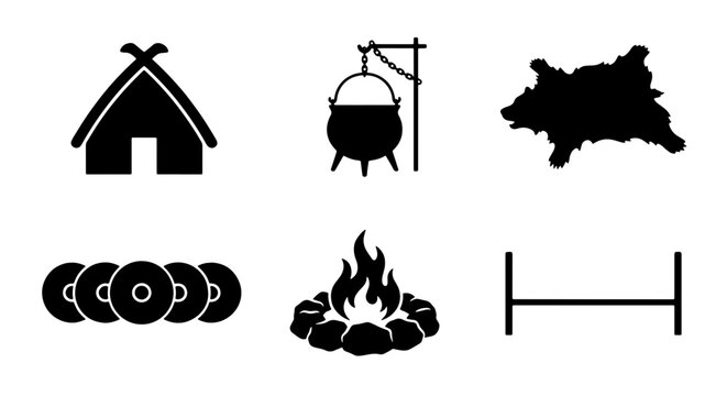 Primitive Camp Icons: Hut, Cauldron, Animal Hide, Fire Pit, Bedroll, Tools