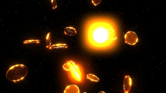 Premium 3D animation of hyper-realistic gold coins falling with physical 3D embossed dollar symbols, true environment reflections, and glowing sparks.