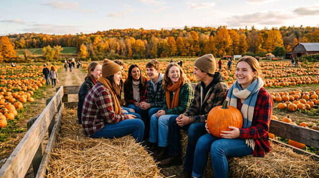 Group of friends enjoying a hayride through a pumpkin patch during autumn