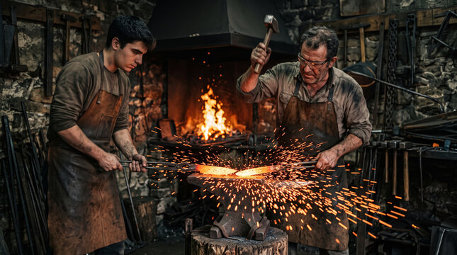 Two blacksmiths working in a forge, one hammering hot metal on an anvil, sparks flying, with a fire in the background