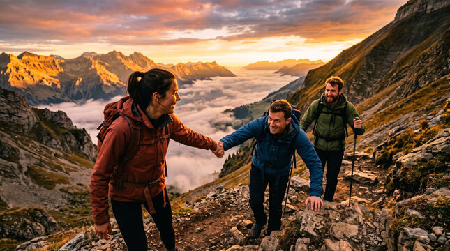 Three friends hiking together on a mountain trail at sunset, helping each other up a steep path with clouds below