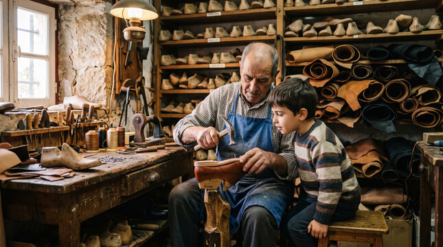 Elderly shoemaker teaching young boy craft in traditional workshop with leather and tools