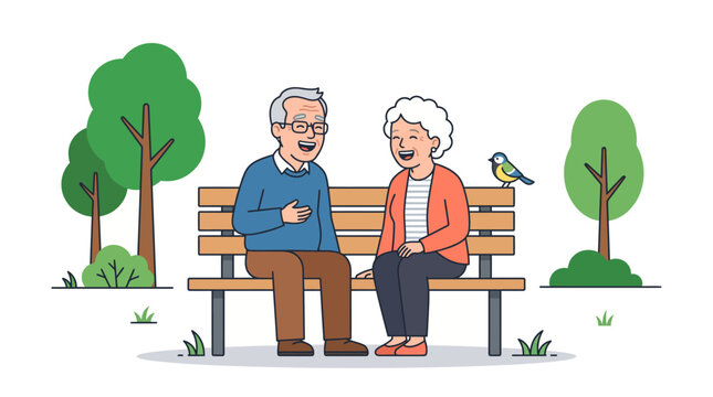 Senior couple sitting on park bench, happy elderly man and woman talking outdoors, retired grandparents enjoying nature in flat vector style