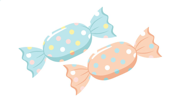 Two delicious wrapped hard candies in light blue and peach pink colors with colorful polka dots on the wrapper.