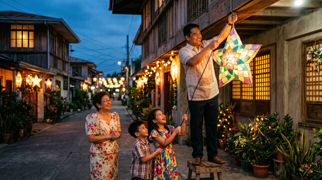 Filipino family decorates traditional parol star lantern during Christmas season in old town street at dusk