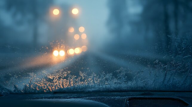 Frost on a car windshield during a cold winter morning with blurred city lights. Perfect for winter travel and safety concepts.