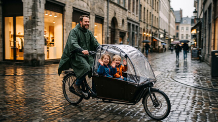 Obraz premium Father rides cargo bike with happy children through rainy European city street on cobblestones