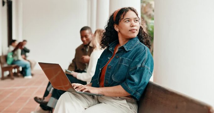 Student, woman and thinking at college with laptop, education and typing for online research project. Outdoor, person and problem solving at university with computer, assignment and knowledge growth
