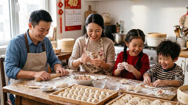 Asian family happily making dumplings together in a kitchen during a festive celebration