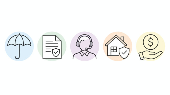 Insurance service icons, thin line art with pastel circles, umbrella document support agent house and money symbols, isolated on white background, professional for marketing finance business apps.