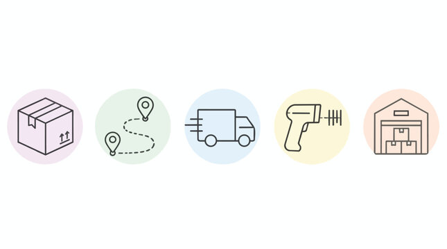 Delivery logistics icons, professional line art shipping symbols representing transport and warehouse services, including truck box scanner and route maps, isolated on white, commercial web assets.