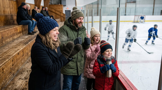 Family cheers for young hockey players during a game at an indoor ice rink