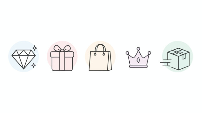 Shopping retail icons, linear thin line style with pastel circle accents, diamond gift box shopping bag crown and delivery package, clean isolated on white, digital marketing commerce ui design.