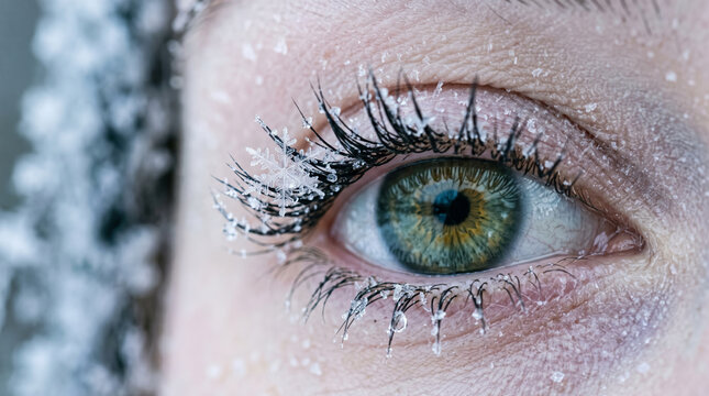 Close up of a human eye with frost and snowflakes on eyelashes and skin in cold winter weather