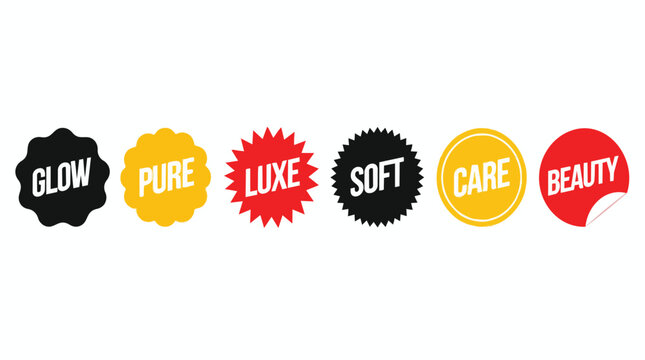 Cosmetic Product Labels, Beauty Skincare Badges Set, Colorful Graphic Elements for Glow Pure Luxe Soft Care, Isolated on White Background, Commercial Branding and Marketing Promotion Material Usage.