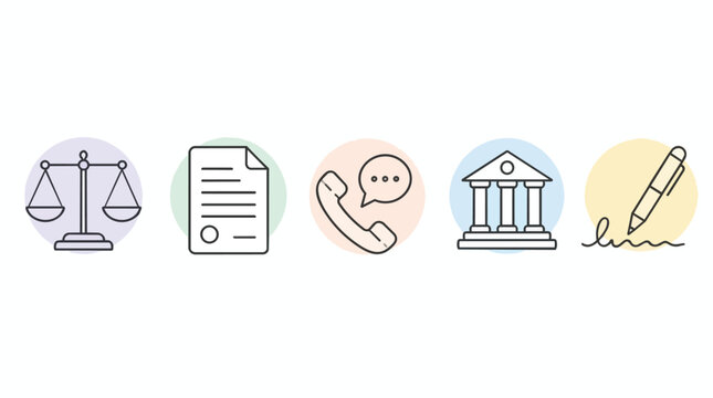 Legal Service Icons, Law Firm Set, Scales of Justice Document Telephone Court Building and Pen Signature, Minimalist Pastel Circles on White Background, Commercial Marketing for Professional Lawyers