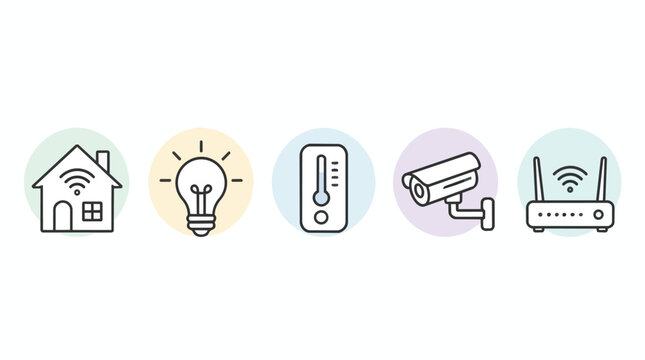 Smart home icons, internet of things automation symbols, arranged in pastel circles with thin line stroke style, featuring security camera, light bulb, router, isolated on white background, for sales