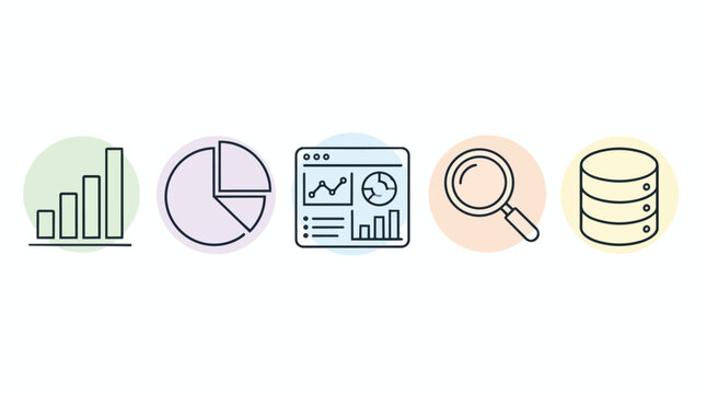 Data analysis icons, minimalist line graphic set, bar pie chart magnifying glass database browser dashboard, isolated white background, professional business presentation marketing analytics.