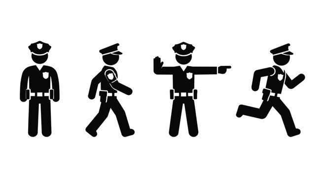 Police officer icon, law enforcement set, standing walking stopping and running poses, minimalist black silhouette figures, isolated on white background, ideal for safety signage and web graphics.