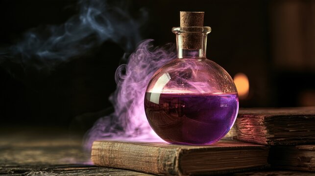 Round glass flask with purple liquid emitting mystical smoke placed on old leather book in dark vintage setting with blur background