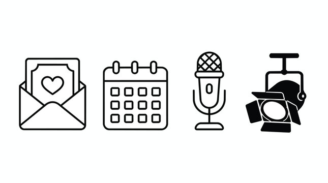 Event planning icons, minimalist black outline symbols, calendar microphone invitation letter and studio spotlight set, isolated on white background, professional marketing and graphic assets.
