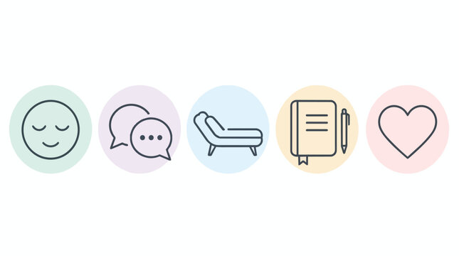Mental Health Therapy, Colorful Minimalist Line Art Symbols, Couch Speech Bubbles Smile Heart Notebook Elements, Isolated On White Background, Ideal For Psychology Counseling Service Marketing Ads.