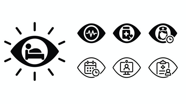 Patient health monitoring, eye surveillance icons, minimalist black symbols, heartbeat, nurse, pills, calendar, clipboard, monitor, isolated white, medical apps, healthcare, clinic, education, set