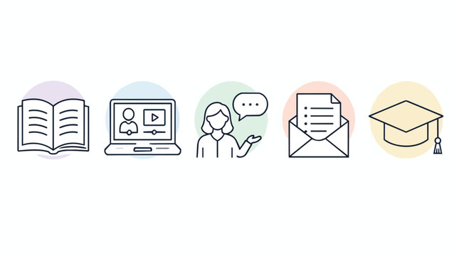 Online education icons, thin line flat style illustration, books laptop graduation cap teacher symbols, isolated on white background, perfectly suited for university marketing and digital e-learning.