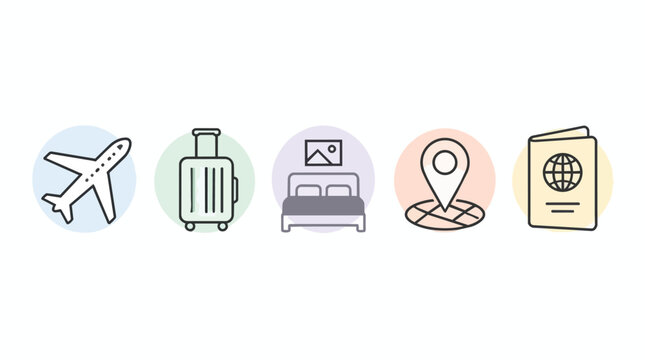 Travel icon set, minimal line art symbols with pastel circles, airplane luggage hotel bed location pin passport graphics, isolated on white background, branding marketing travel agency project usage