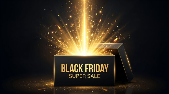Black friday super sale poster with glowing golden gift box