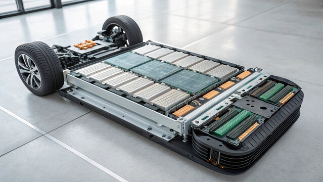 Electric vehicle battery platform with wheels on clean floor, showcasing advanced technology and innovation
