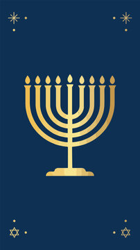 Golden Menorah vector illustration with stars and blue background for Hanukkah holiday greeting card designs