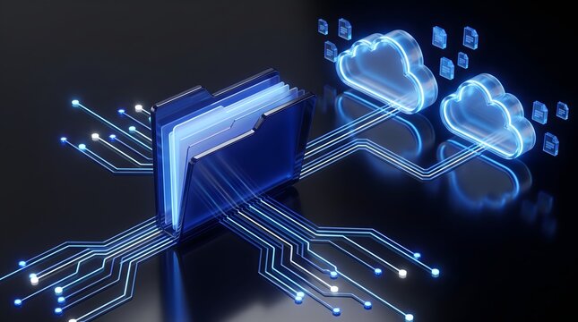 Digital folder icon connected to glowing neon blue cloud storage with data transfer lines and document icons representing cloud computing and data organization.