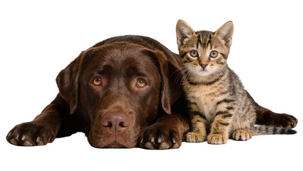 Fototapeta premium Brown Labrador dog resting beside a tabby kitten, isolated on transparent background