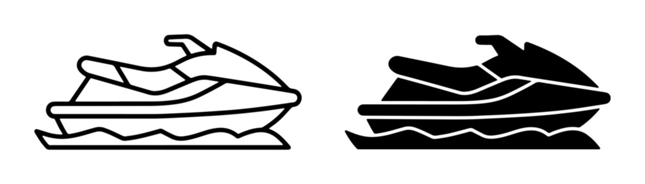 Jet Ski Icons, Personal Watercraft Vector Graphics, Water Sports Symbols, Outline and Silhouette Designs for Marine Recreation