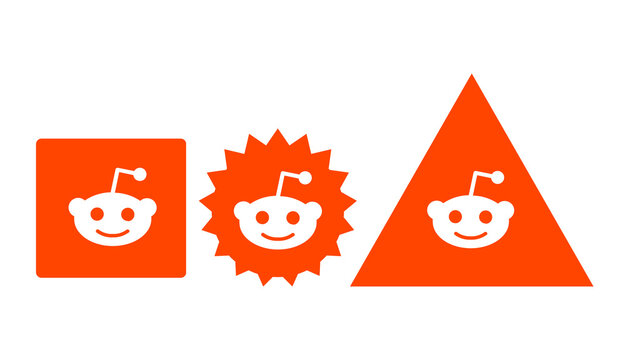 Reddit logo variations arranged in geometric shapes for digital media editorial use.