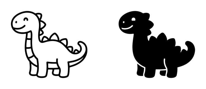 Cute Dinosaur Icons, Black and White Vector Illustrations for Kids, Cartoon Dino Graphics for Children's Designs