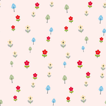 Seamless pattern of simple trees and flowers