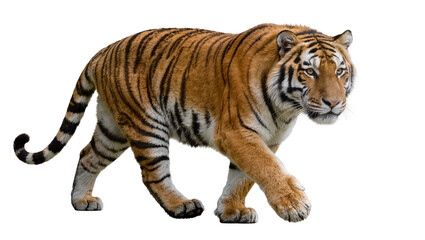 Fototapeta premium Majestic tiger with orange and black stripes walking, isolated on transparent background
