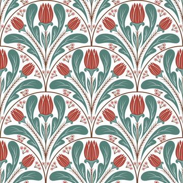 VintageTulip Print, Botanical Folk Seamless Pattern